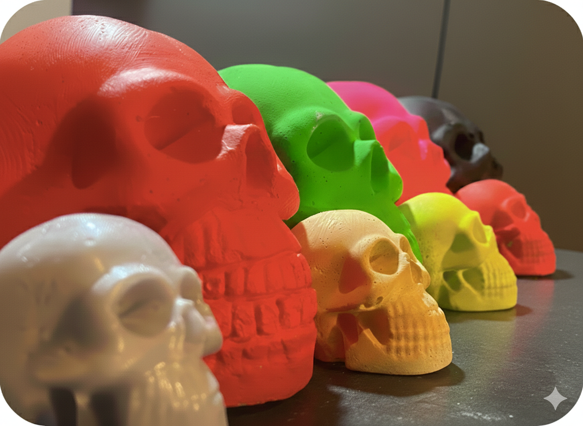 Portada de la serie Fuga: calaveras contemporáneas en colores vibrantes, creación artística BurlArte.